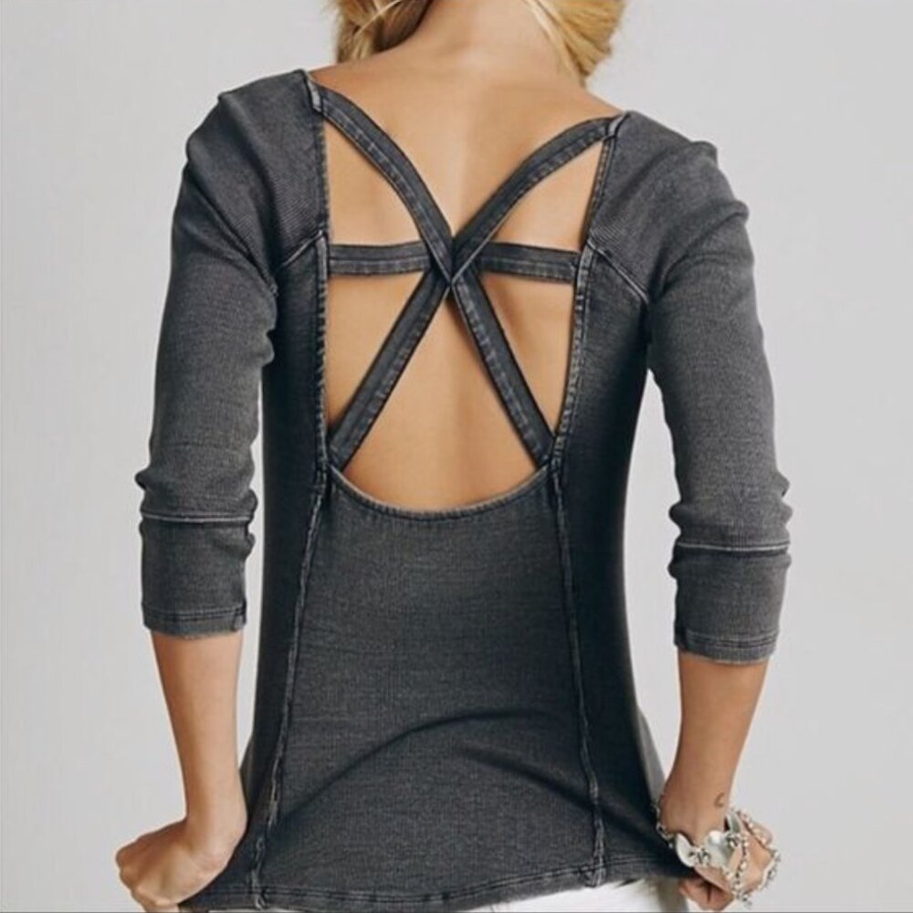 Free People Ribbed Cross Back 3/4 Sleeve Top NWOT Sz L